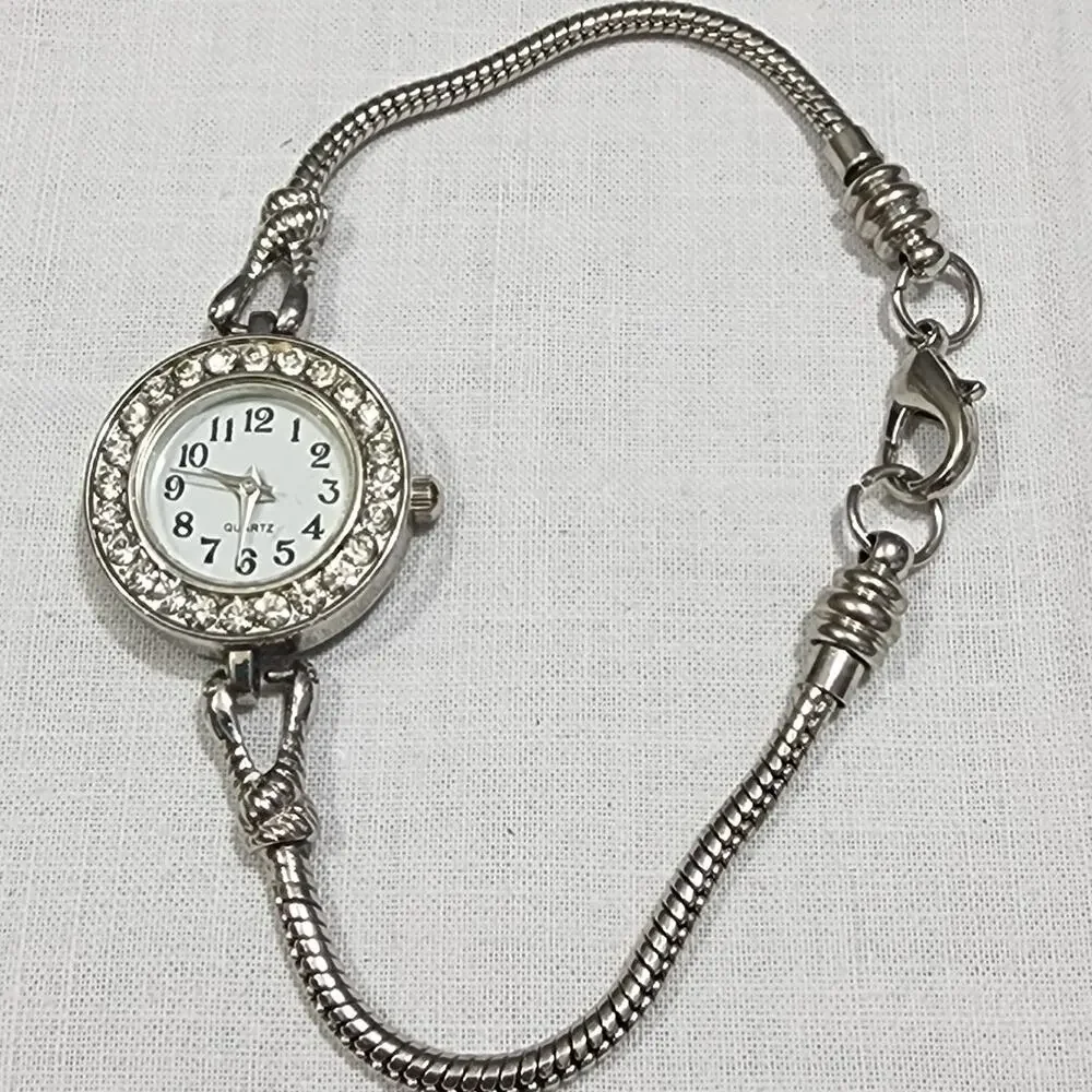 Women Quartz Bracelet Band Watch Battery Powered Rhinestone Encrusted Bezel Face